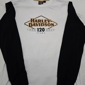 Harley-Davidson White Tee with Tan Trim and Gold Logo